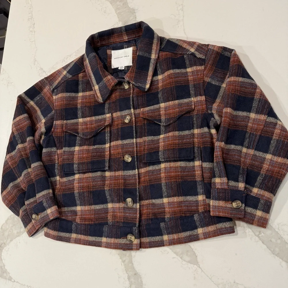 American Eagle Plaid Oversized Lined Shacket Women’s Medium Brown/Navy Jacket - Picture 2 of 9